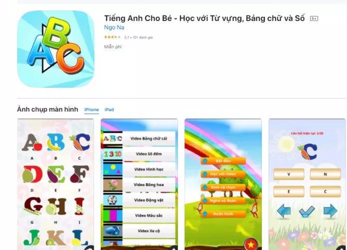 Tiếng Anh cho bé là ứng dụng của Việt Nam có lượt đánh giá khá cao trên Google Play (Nguồn: Internet). Tiếng Anh cho bé là ứng dụng của Việt Nam có lượt đánh giá khá cao trên Google Play (Nguồn: Internet).