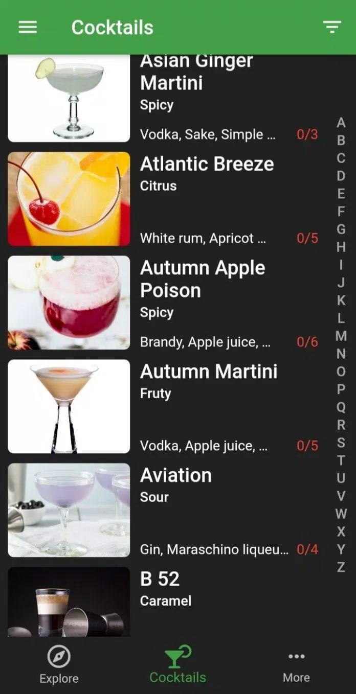 Các loại cocktail được sắp xếp theo bảng chữ cái (Ảnh: Internet).
