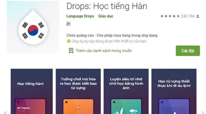 App học tiếng Hàn Drops: Học tiếng Hàn (Ảnh: Internet). App học tiếng Hàn Drops: Học tiếng Hàn (Ảnh: Internet).