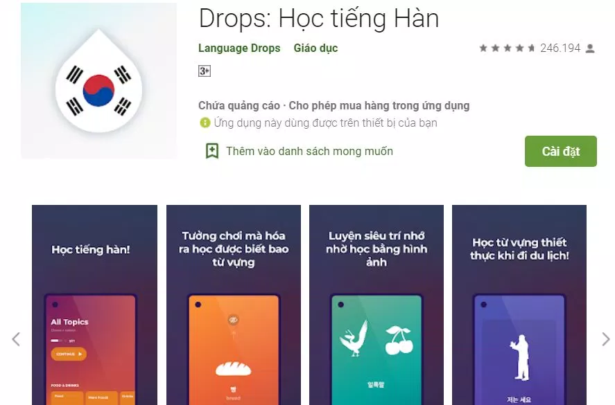 App học tiếng Hàn Drops: Học tiếng Hàn (Ảnh: Internet).