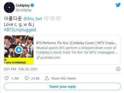 Coldplay không ngần ngại khen ngợi nam nhóm nhạc BTS (Ảnh: Twitter)