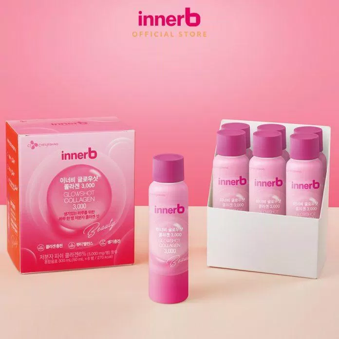 Nước uống bổ sung Collagen InnerB Glowshot Collagen 3000 có thiết kế lọ hồng pastel xinh xắn ( Nguồn: internet)