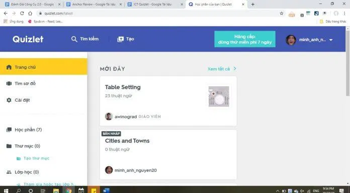 Giao diện học tập của Quizlet (Nguồn: Internet)