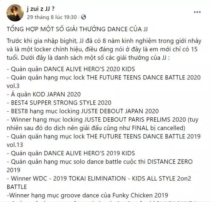 Danh sách các giải thưởng cho vũ đạo của JJ (Ảnh: Facebook j zui z JJ?)