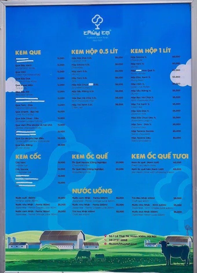 Menu kem thủy tạ, (Ảnh: Internet)