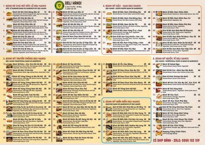 Menu gần 80 loại bánh mì tại DELI HA NOI. (Ảnh: Internet)