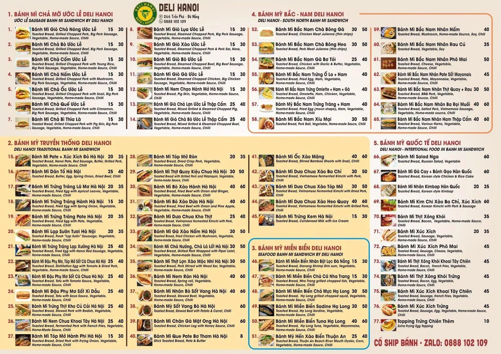 Menu gần 80 loại bánh mì tại DELI HA NOI. (Ảnh: Internet)