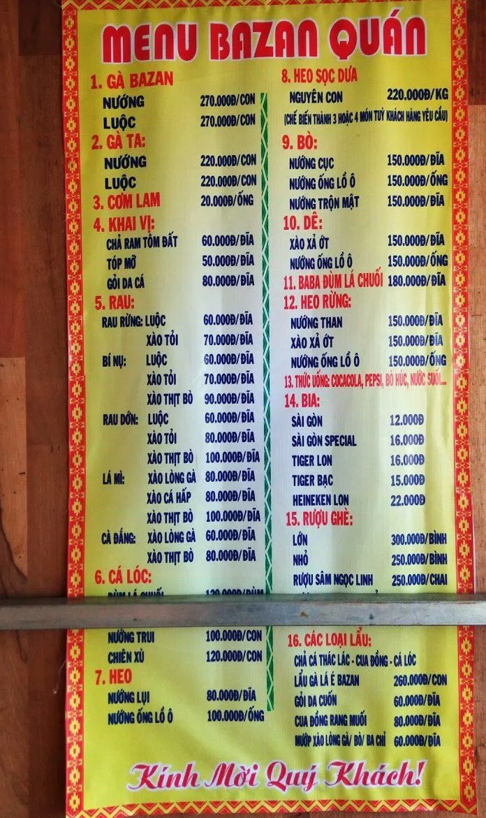 Menu quán Bazan, (Ảnh: Internet)