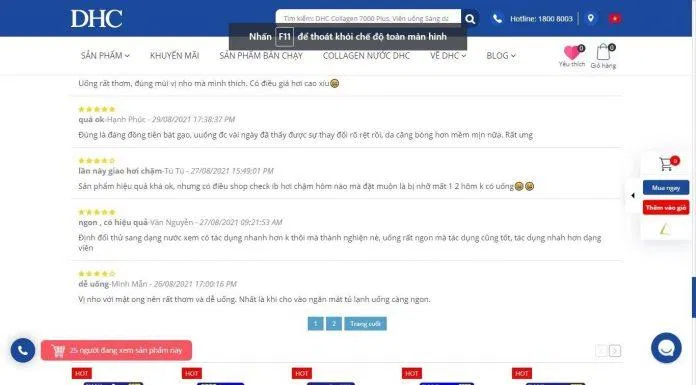 Đánh giá trên website của DHC Việt Nam về công dụng sản phẩm.