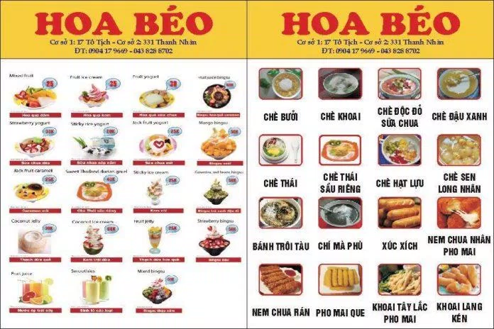 Menu quán Hoa Béo, (Ảnh: Internet)