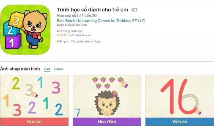 "Trình học số dành cho trẻ em" là ứng dụng giúp trẻ tiếp cận với số đếm bằng các trò chơi giải trí (Ảnh: Internet).