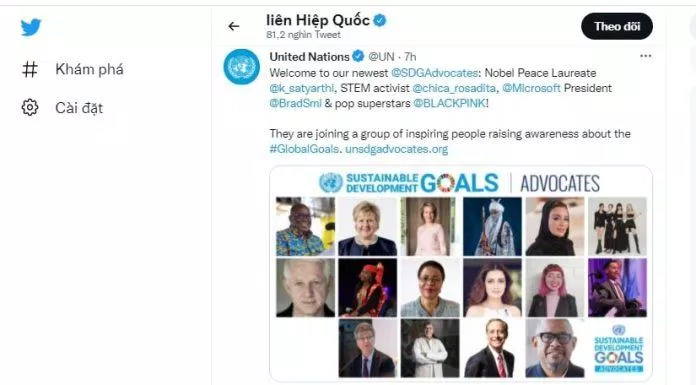 Trang Twitter của Liên Hợp Quốc chính thức đăng danh sách những Đại sứ được chọn (Nguồn: Internet).