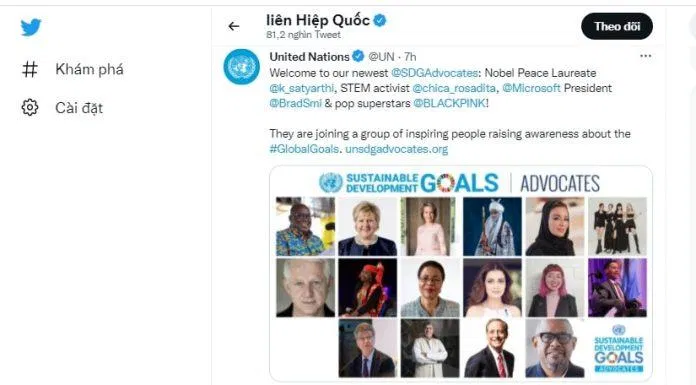 Trang Twitter của Liên Hợp Quốc chính thức đăng danh sách những Đại sứ được chọn (Nguồn: Internet). Trang Twitter của Liên Hợp Quốc chính thức đăng danh sách những Đại sứ được chọn (Nguồn: Internet).
