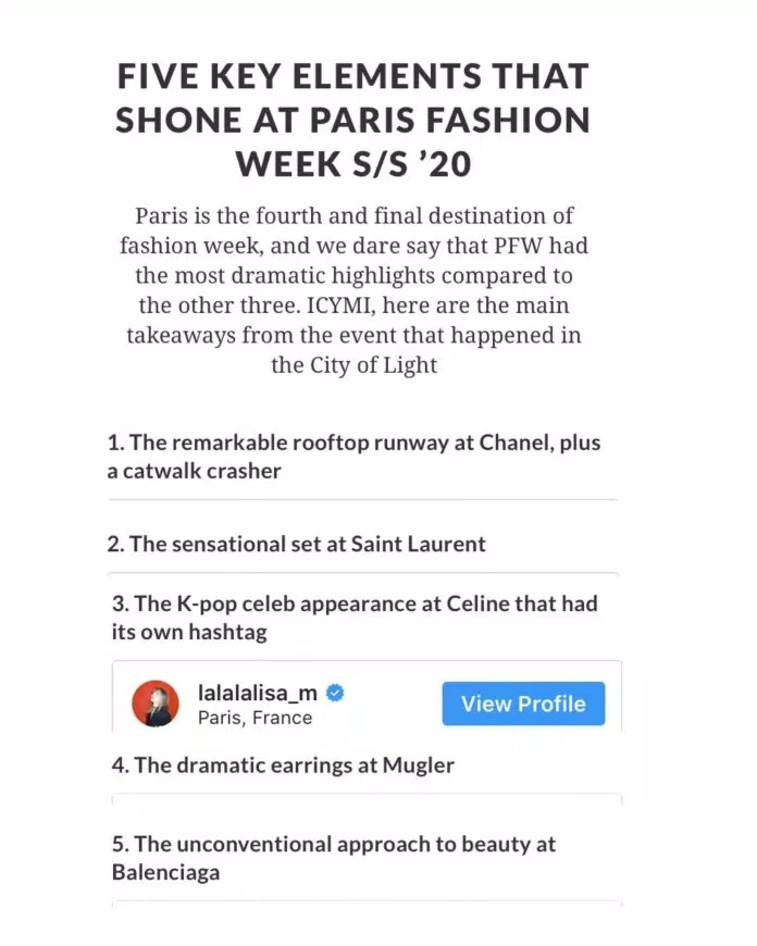 Tạp chí HerWorld đã lựa chọn Lisa BLACKPINK chính là 5 nhân tố quan trọng tỏa sáng tại Paris Fashion Week SS20 (Nguồn: Internet)