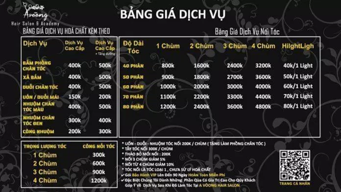 Bảng giá dịch vụ của A Voong Hair Salon. Nguồn: Website A Vòong Hair Salon