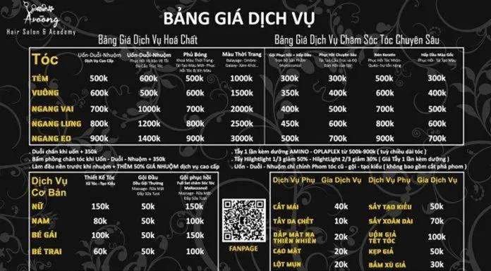 Bảng giá dịch vụ của A Voong Hair Salon. Nguồn: Website A Vòong Hair Salon
