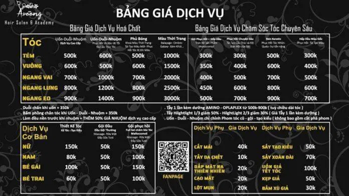 Bảng giá dịch vụ của A Voong Hair Salon. Nguồn: Website A Vòong Hair Salon