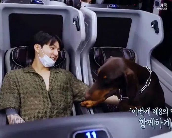 Jungkook bên canh chú cún đáng yêu của mình (Ảnh: Internet).