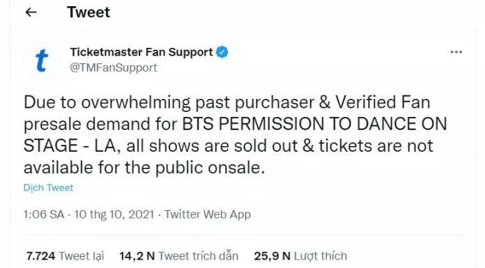 Thông báo của Ticketmaster (Ảnh: Twitter)
