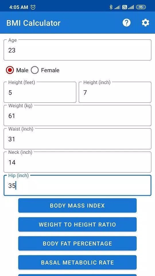 Ứng dụng BMI, BMR and Fat % Calculator trên điện thoại (Ảnh: Internet).