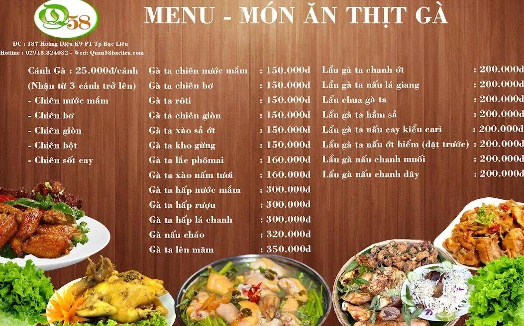 Menu các món gà của quán. (Ảnh: Internet)