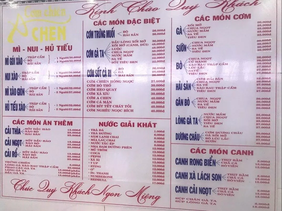 Menu của quán. (Ảnh: Internet)