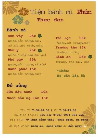 Menu của tiệm (Nguồn: Tiệm bánh mì Phúc)