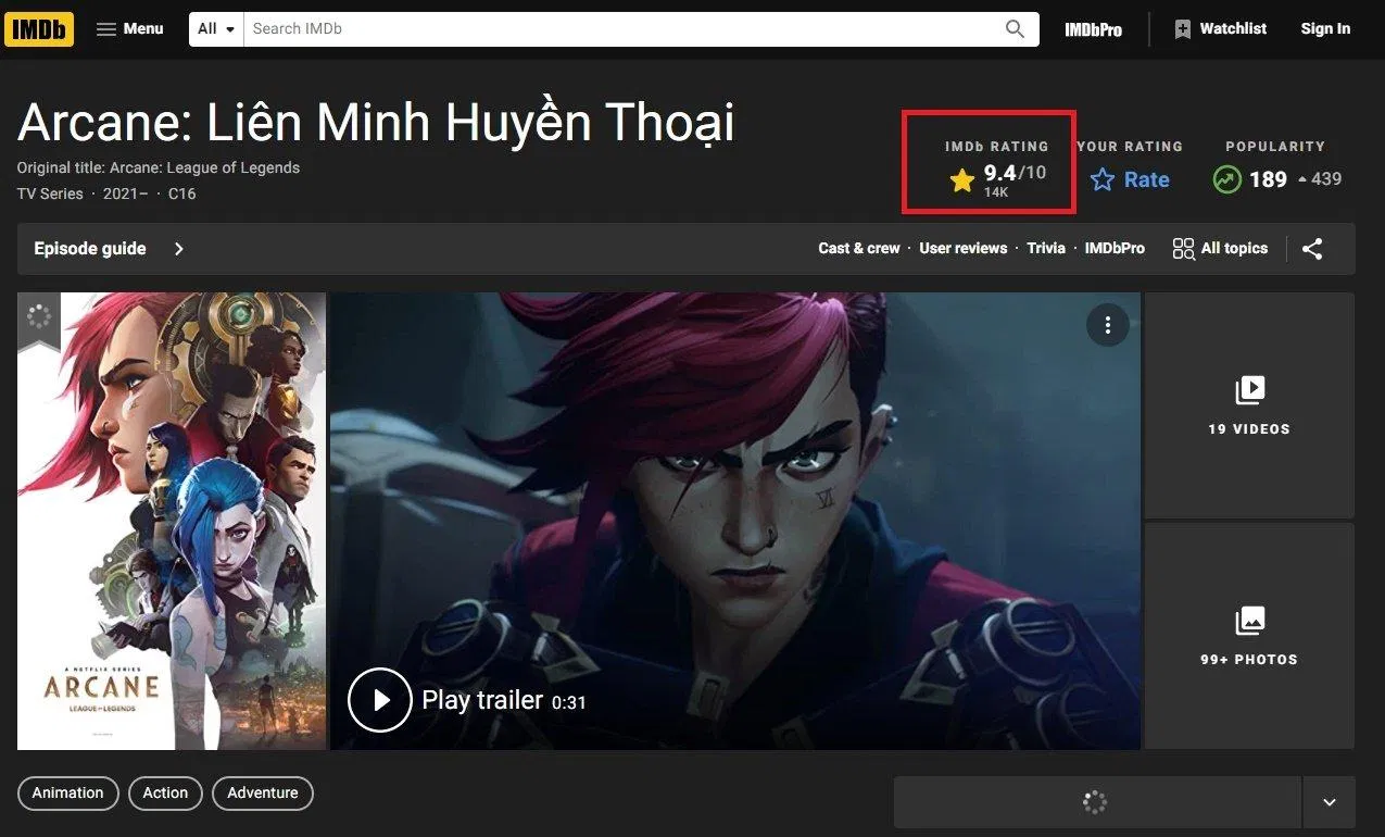 Arcane (2021) là phim gốc Netflix được điểm IMDb cao nhất lịch sử. Squid Game đã mất ngôi vương sau 47 ngày. (Ảnh: Internet)