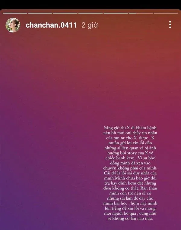 Story xin lỗi của Xoài Non. (Nguồn: BlogAnChoi) Story xin lỗi của Xoài Non. (Nguồn: BlogAnChoi)