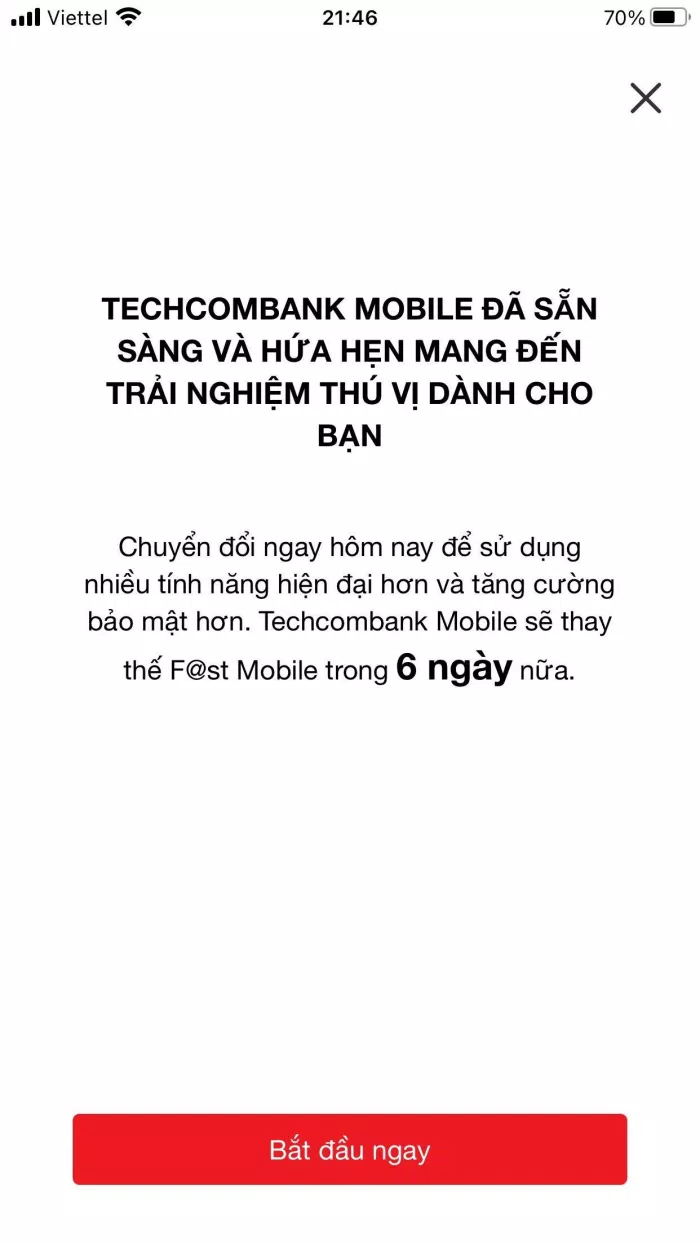 Thông báo nâng cấp lên ứng dụng Techcombank Mobile (Ảnh: BlogAnChoi).