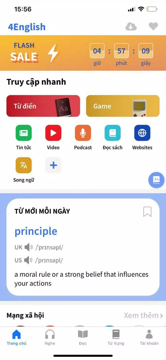 Điểm đặc biệt của 4English là bạn có thể chạm vào từ/cụm từ để tra nghĩa và sau đó lưu lại dưới dạng flashcard. (Nguồn: Internet) Điểm đặc biệt của 4English là bạn có thể chạm vào từ/cụm từ để tra nghĩa và sau đó lưu lại dưới dạng flashcard. (Nguồn: Internet)