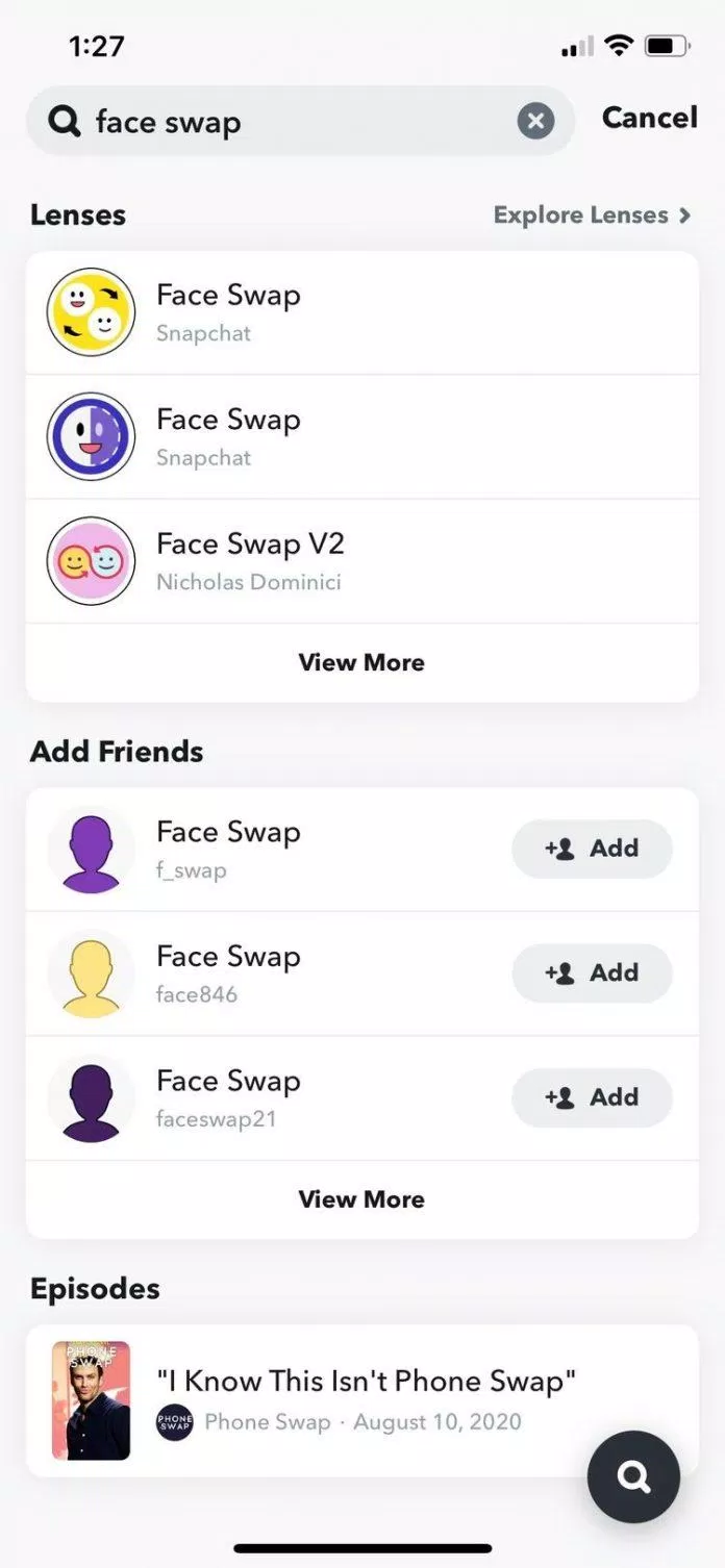 Tìm bộ lọc face swap trong Snapchat (Ảnh: Internet).