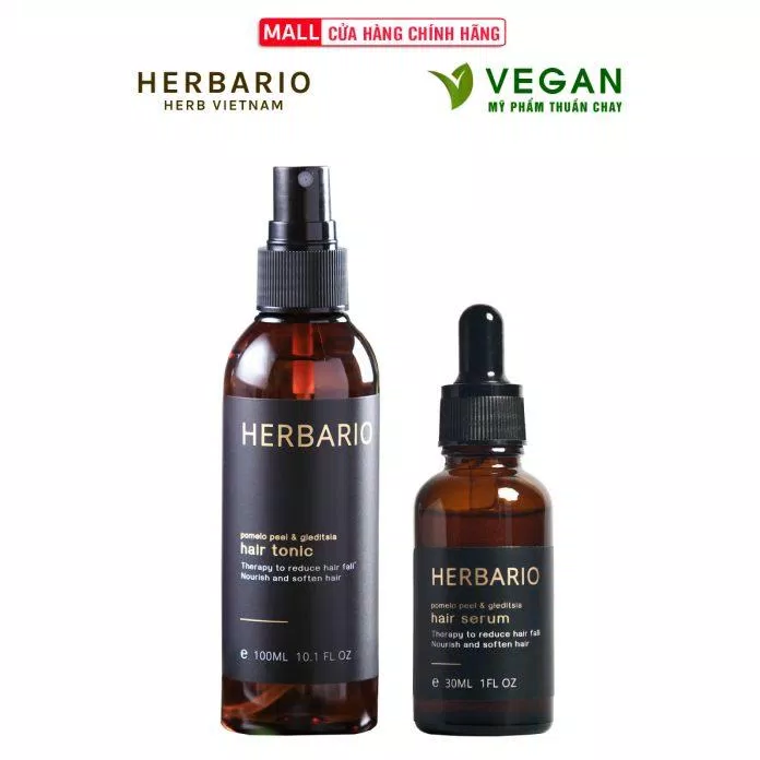 Bộ đôi sản phẩm Herbario giảm gãy rụng, kích thích mọc tóc nhanh hơn (Trái - xịt dưỡng, phải - serum dưỡng) (Ảnh: Internet)