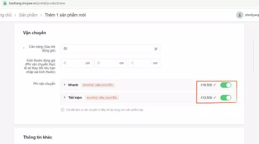 Điền thông tin vận chuyển cho sản phẩm (Nguồn: BlogAnChoi). Điền thông tin vận chuyển cho sản phẩm (Nguồn: BlogAnChoi).
