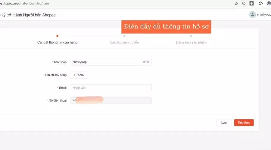 Điền thông tin cho cửa hàng của bạn trên Shopee (Nguồn: BlogAnChoi).