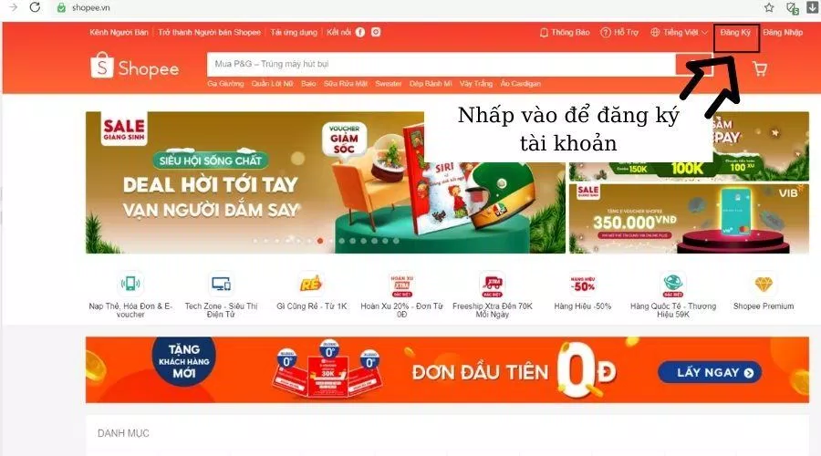 Bấm đăng ký để tạo tài khoản Shopee (Nguồn: BlogAnChoi).