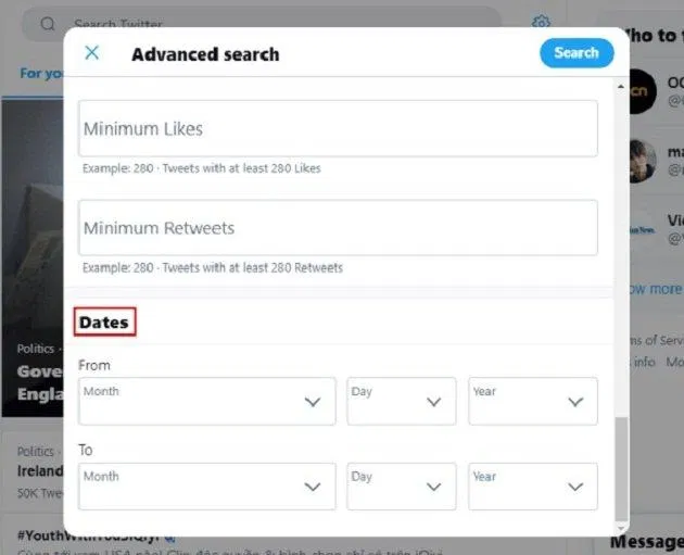 Chức năng tìm kiếm nâng cao của Twitter (Ảnh: Internet). Chức năng tìm kiếm nâng cao của Twitter (Ảnh: Internet).