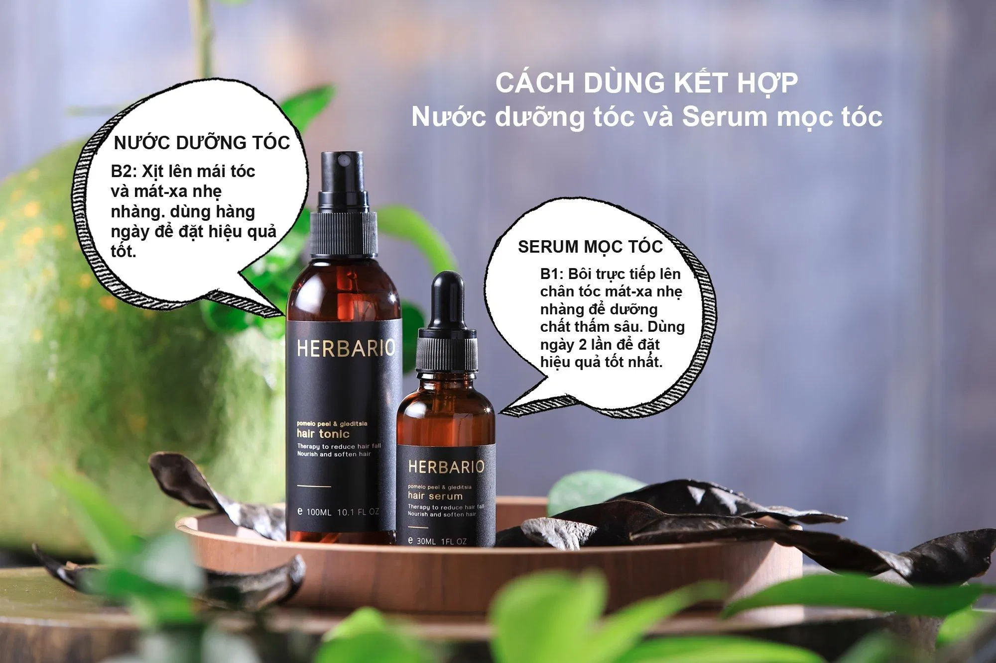 Cách sử dụng kết hợp nước dưỡng tóc và serum của Herbario để tăng hiệu quả nhanh chóng (Ảnh: Internet)