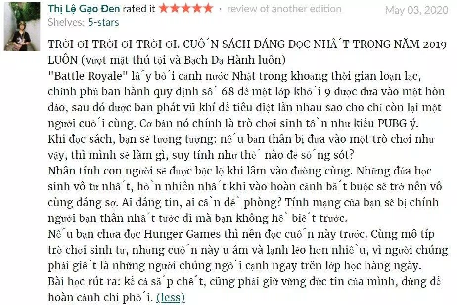 Cảm nhận của độc giả về Battle Royale (Trò Chơi Sinh Tử) (Nguồn: Goodreads).