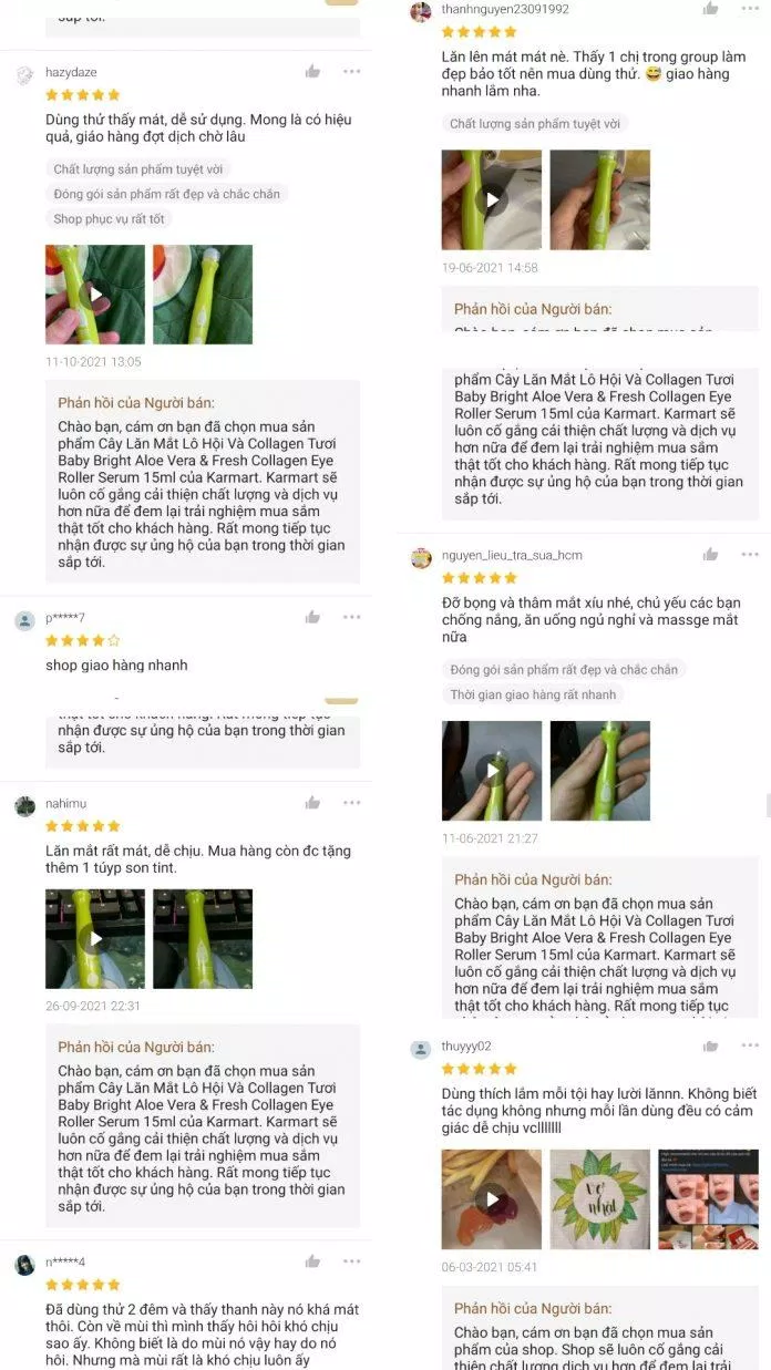 Đánh giá khách hàng trên Shopee về cây lăn mắt Baby Bright Aloe Vera & Fresh Collagen Eye Roller Serum (Nguồn: internet)