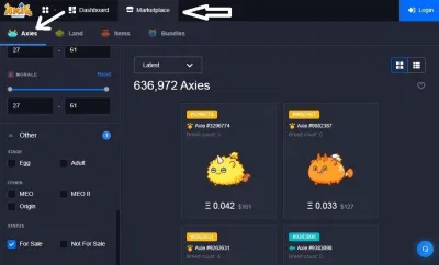 Chọn mục Axie trong Marketplace (Ảnh: Internet). Chọn mục Axie trong Marketplace (Ảnh: Internet).