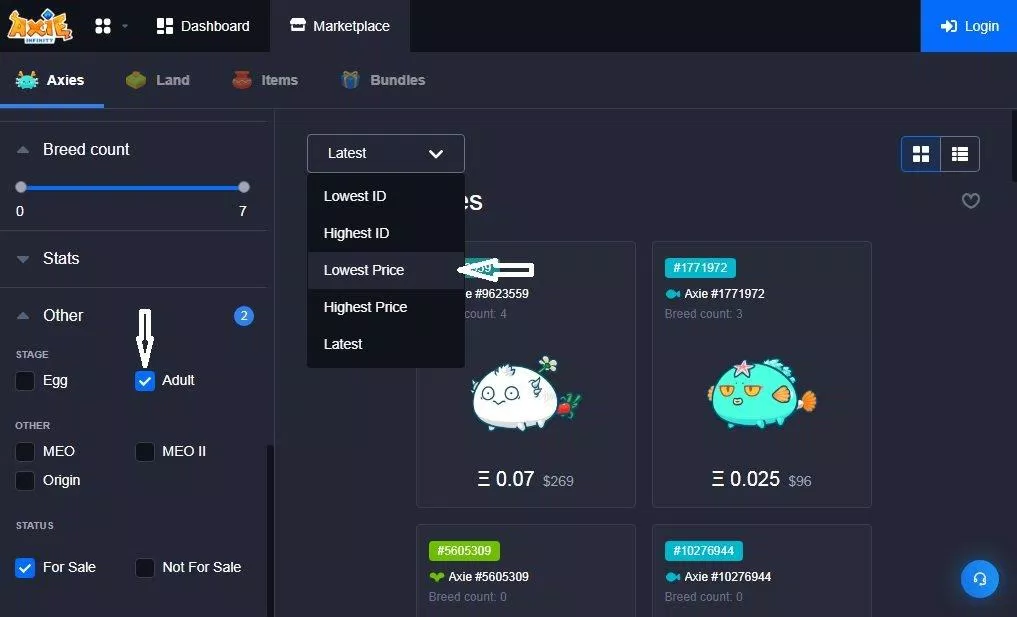 Sắp xếp theo giá rẻ và chỉ hiển thị Axe trưởng thành (Ảnh: Axie Marketplace).