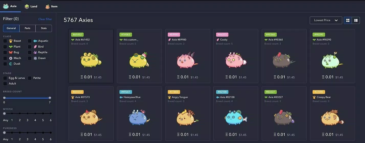 Axie Marketplace là sàn giao dịch để mua bán Axie và tiền ảo của game này (Ảnh: Internet).