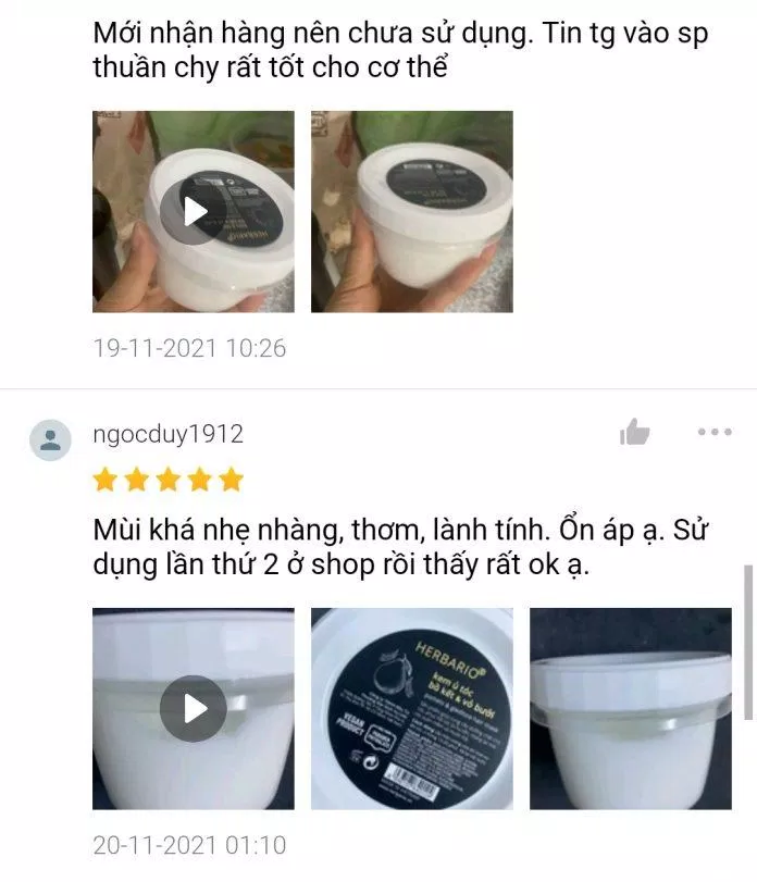 Đánh giá của khách hàng trên Shopee về kem ủ tóc bồ kết và vỏ bưởi Herbario (Ảnh: BlogAnChoi). Đánh giá của khách hàng trên Shopee về kem ủ tóc bồ kết và vỏ bưởi Herbario (Ảnh: BlogAnChoi).