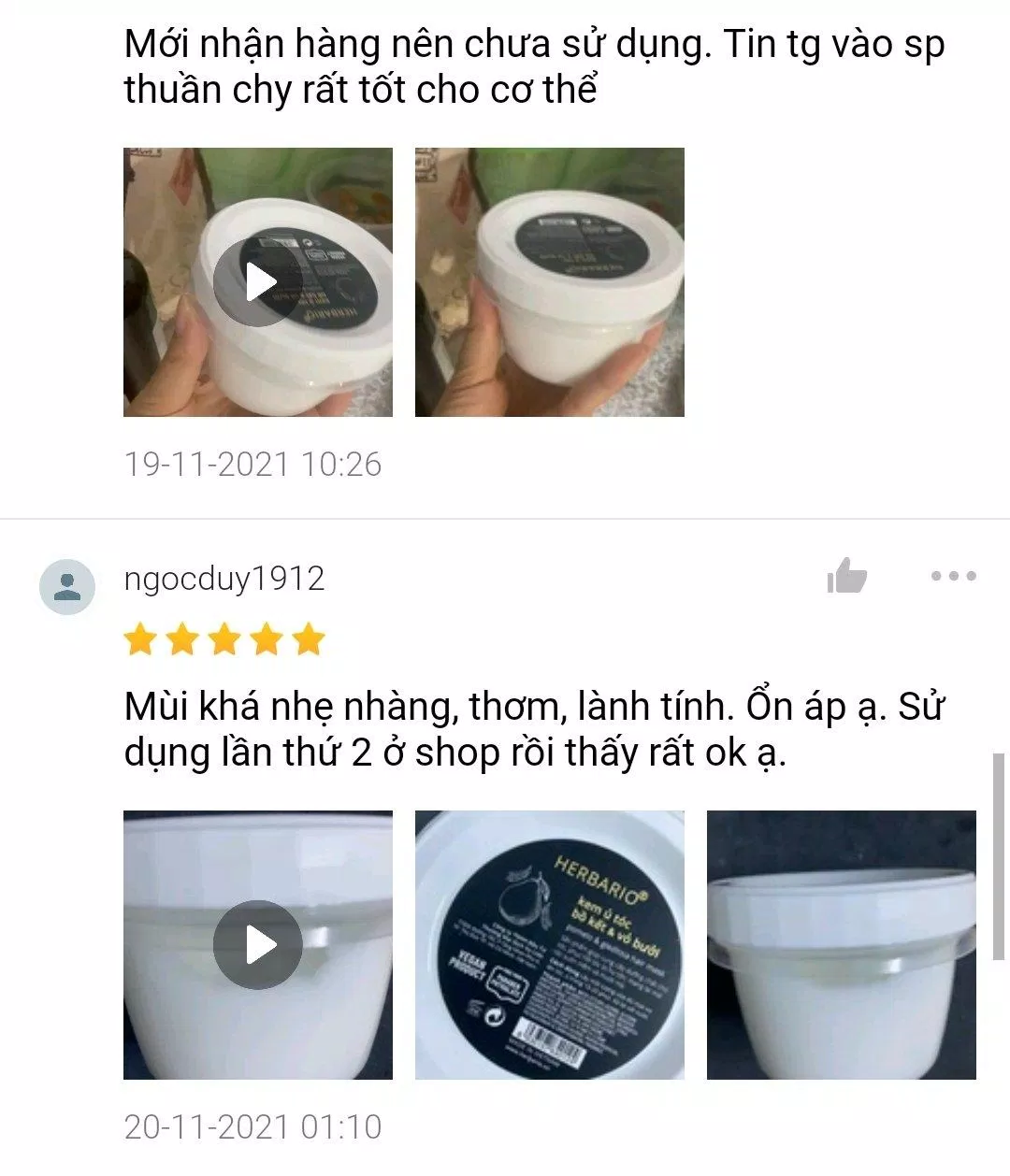 Đánh giá của khách hàng trên Shopee về kem ủ tóc bồ kết và vỏ bưởi Herbario (Ảnh: BlogAnChoi).