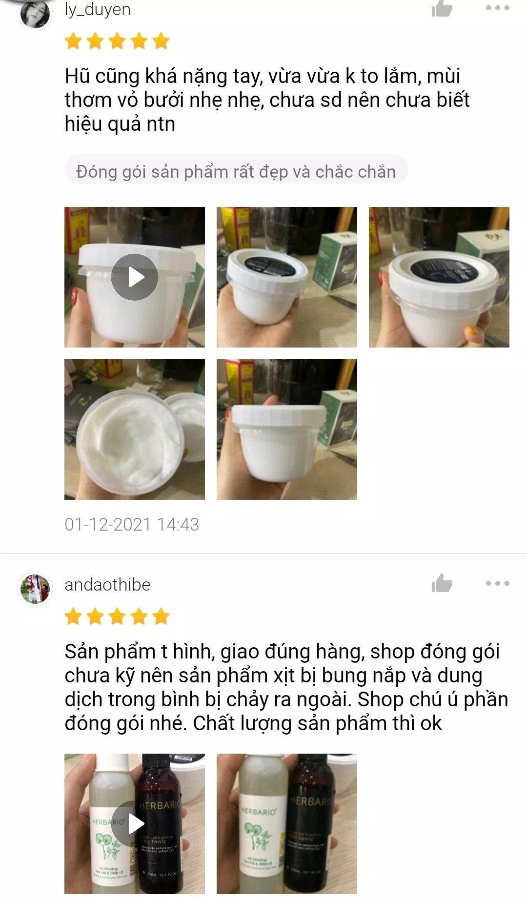 Đánh giá của khách hàng trên Shopee về kem ủ tóc bồ kết và vỏ bưởi Herbario (Ảnh: BlogAnChoi).