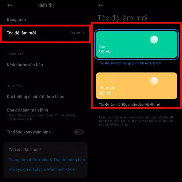 Chỉnh tốc độ làm mới màn hình Android (Ảnh: Internet). Chỉnh tốc độ làm mới màn hình Android (Ảnh: Internet).