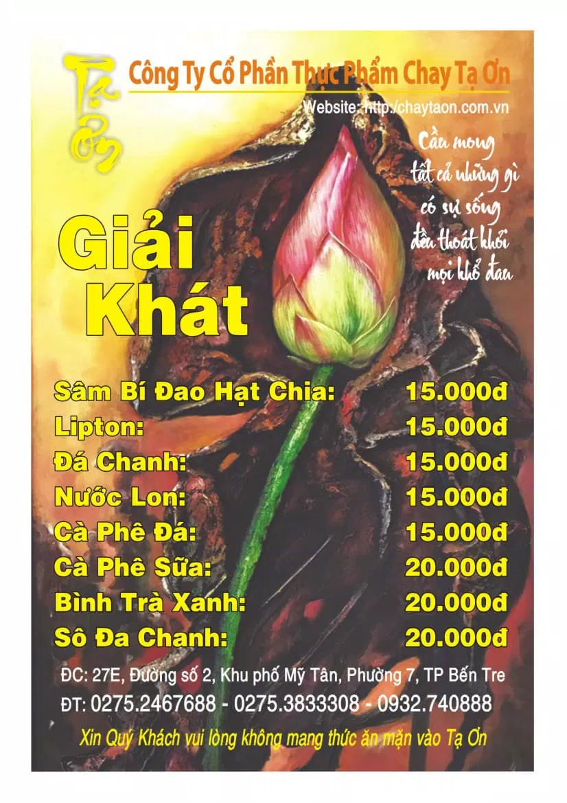 Menu nước giải khát (Ảnh: Ẩm thực chay Tạ Ơn. )