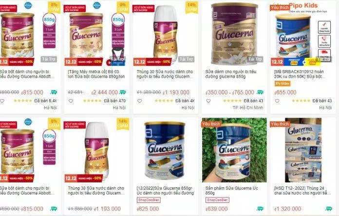 Sữa Glucerna được bán trên Shopee với nhiều mức giá khác nhau (Nguồn: Internet)