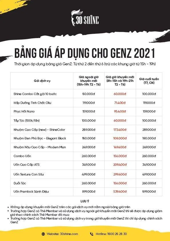 Bảng gía tại 30Shine (Nguồn: 30Shine)